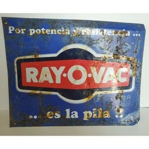 Vintage Rayovac Supercell Batteries Mexico Spanish Tin Sign 16x13 Inches